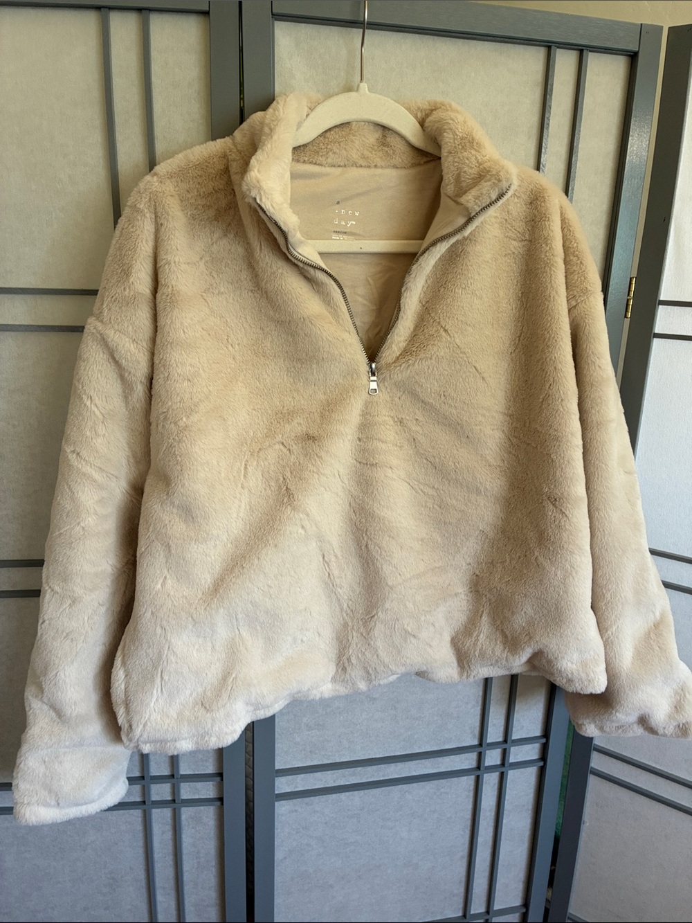 Beige Faux Fur Half-Zip Pullover Jacket